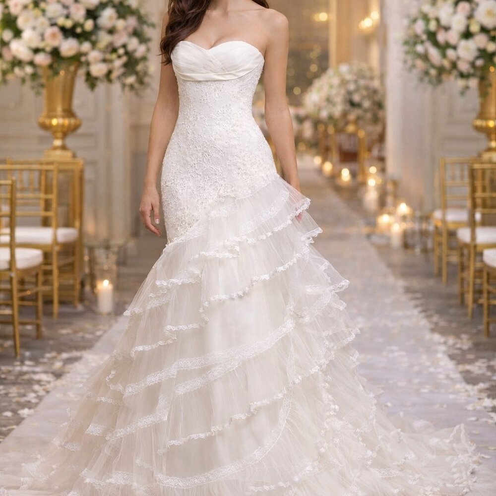 NWT Pattis Ivory strapless wedding dress with tiered skirt, size 2